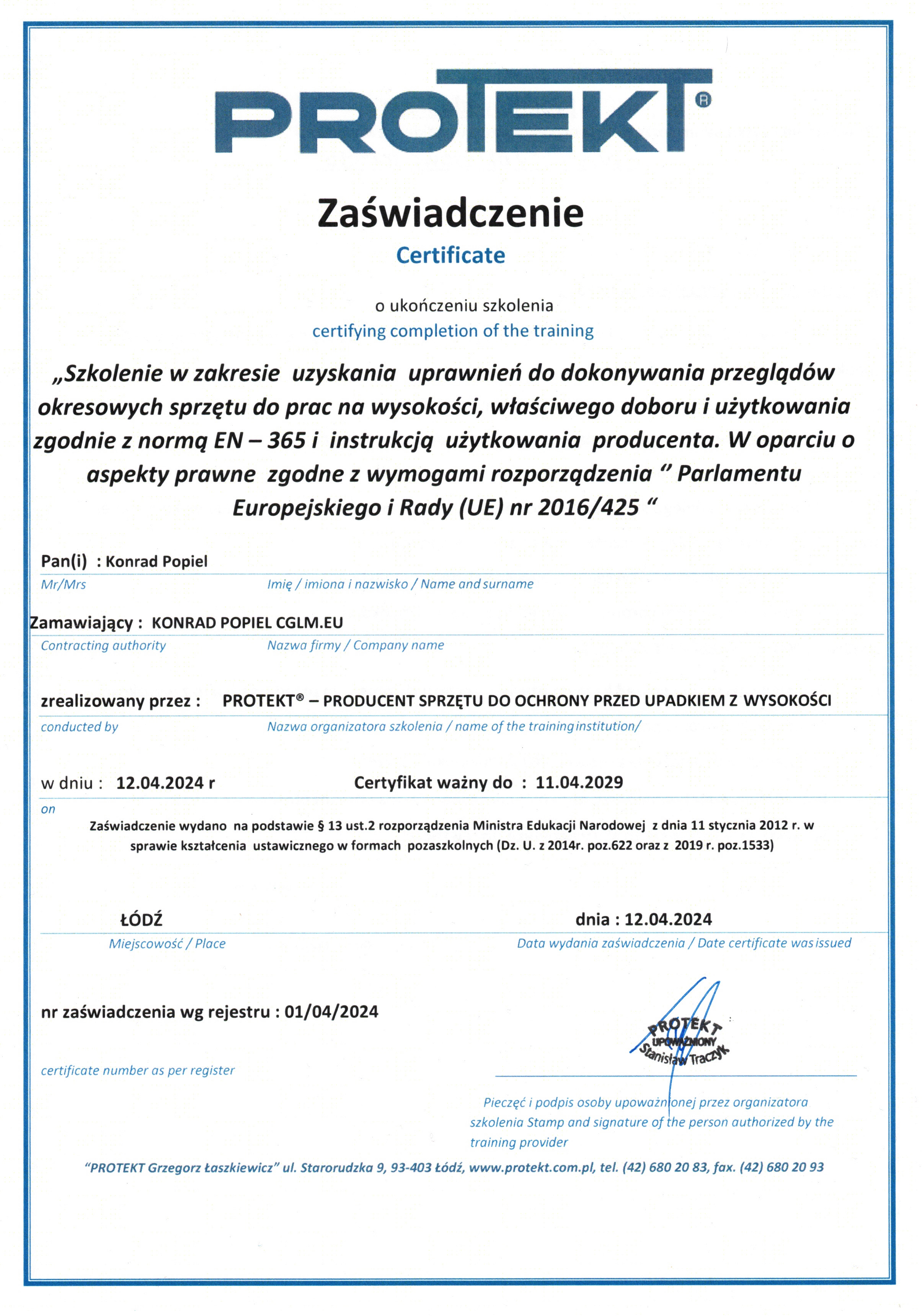 Zaświadczenie Protekt